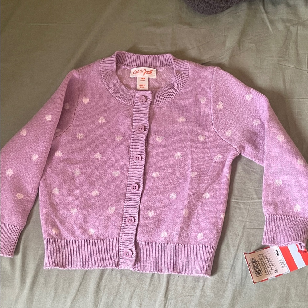 Cat & Jack Kids' Lavender Cardigan with White hearts